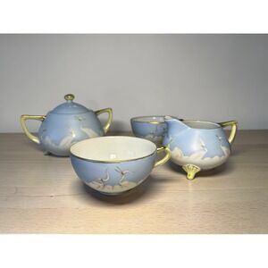 Vintage Hand Painted Porcelain Heron Crane Tea Set Blue Gold Sugar Creamer Cups